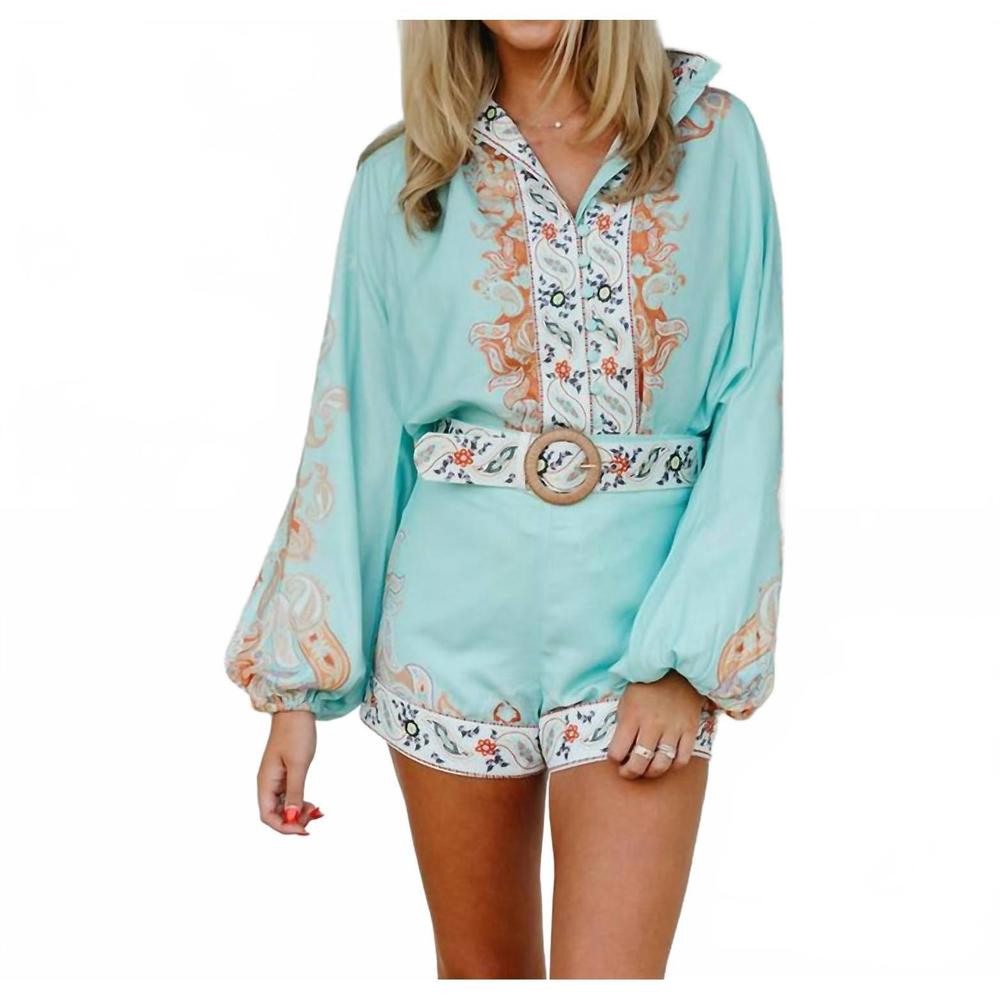 NEW EB LUXE calypso paisley border print shorts in sage multi